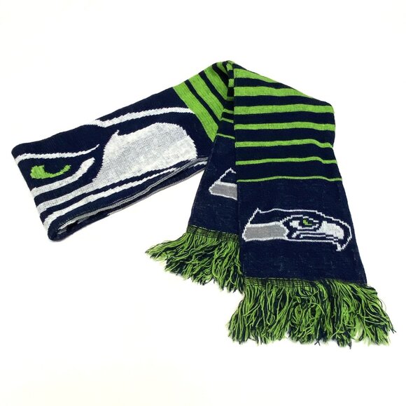 NFL Seattle Seahawks Double Side Stripe Sea Hawk Design Wrap Fringed Knit Scarf - Picture 4 of 5